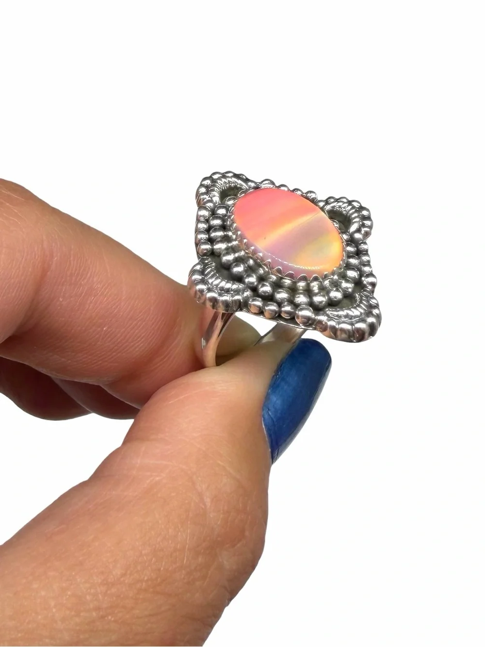 Aurora Fire Opal Ring Size 7 Solid 925 Sterling Silver Pink Aura Stone